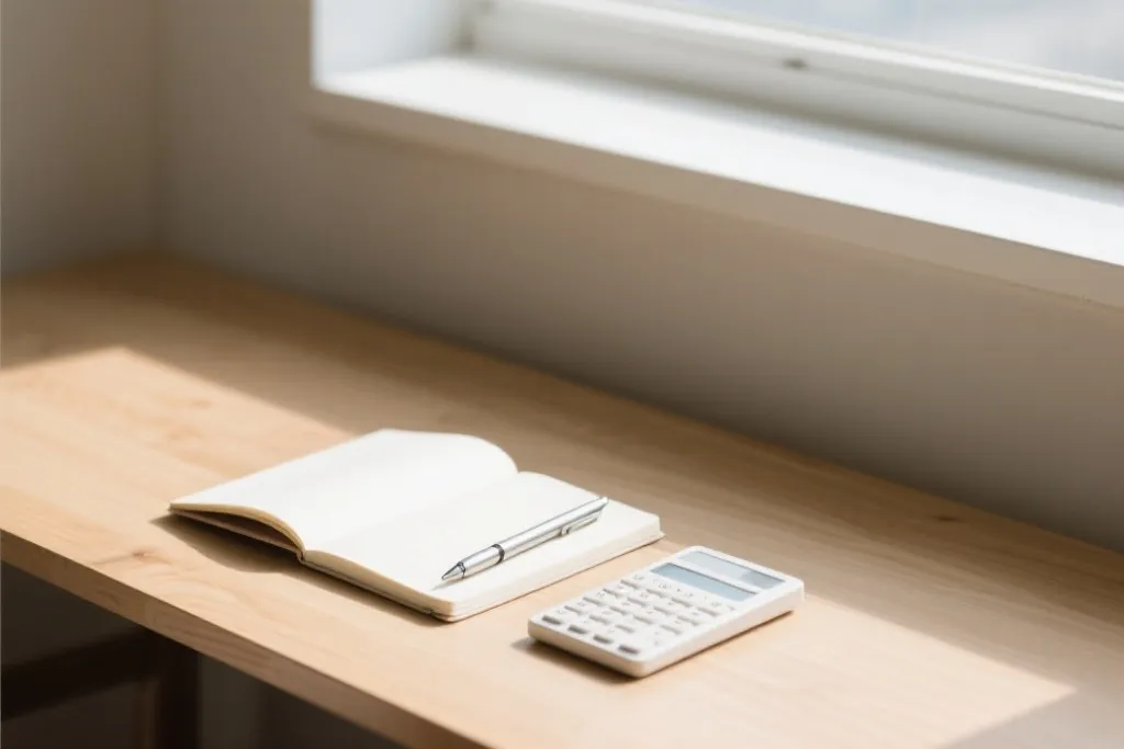 A notebook with a pen and a calculator on a clean wooden desk, sunlight filtering through a window, minimalist aesthetic