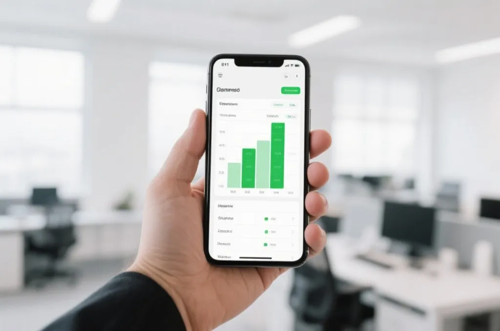 A person holding a smartphone in a bright office environment, screen displaying a clean data table with green accents